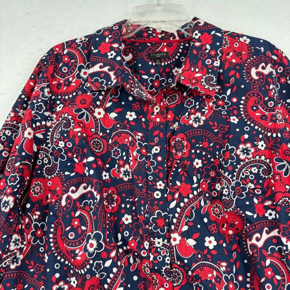 Talbots Plus Blouse Size 2X Red Blue Paisley Floral Cotton Long Sleeve Button Up - Picture 2 of 11